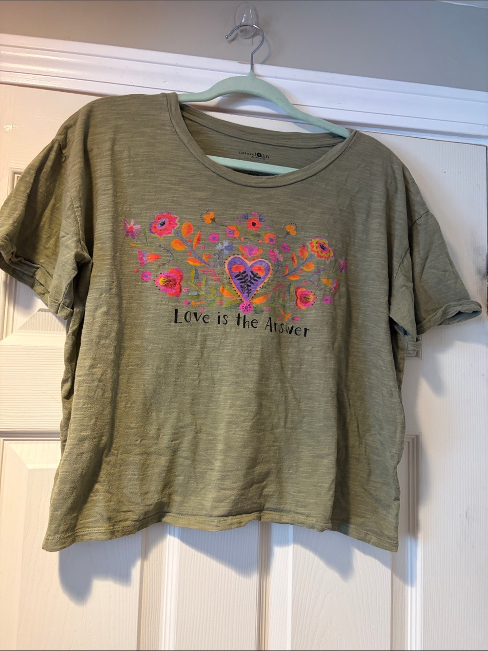 NATURAL LIFE Olive Green Short Sleeve Tee with Pink & Orange Floral Heart